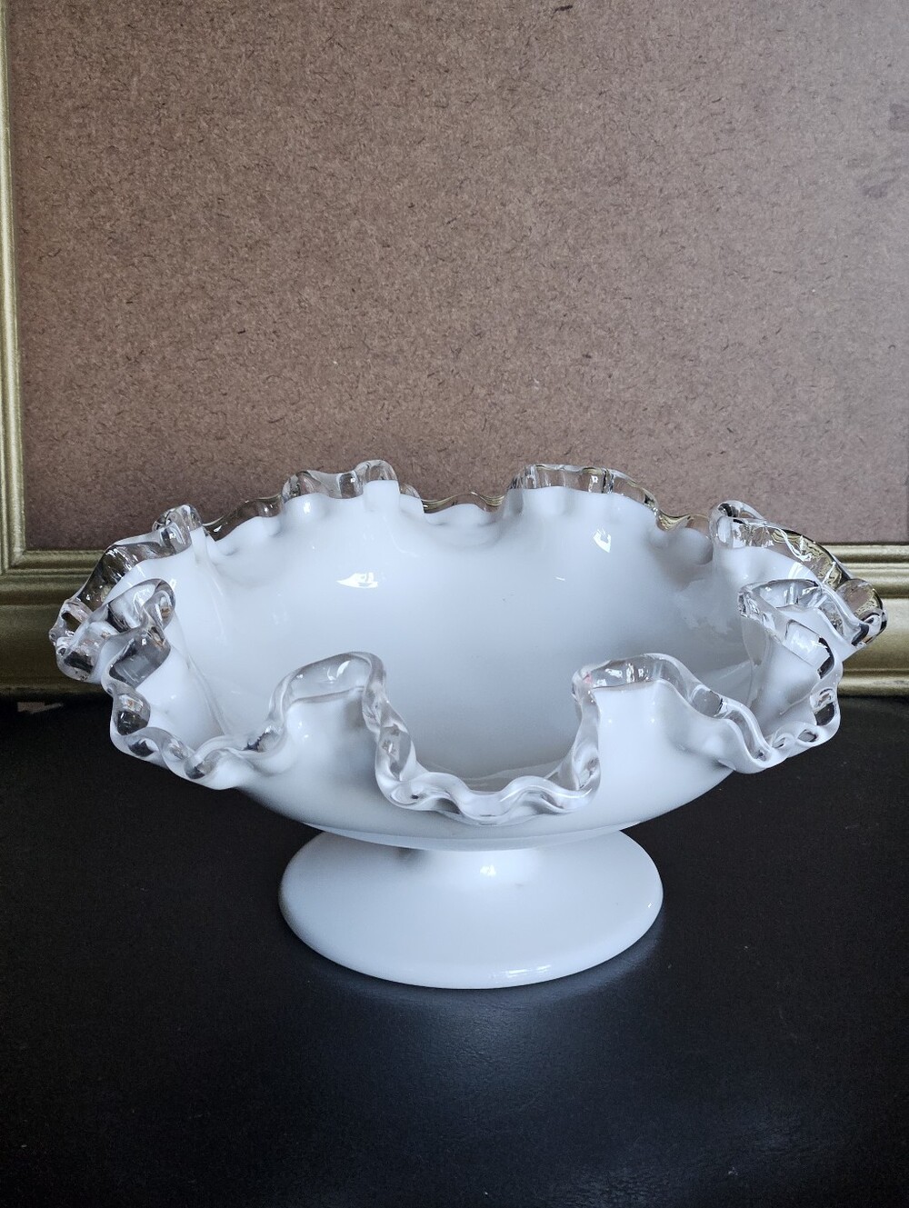 Vintage Fenton Silver Crest Ruffled Edge Compote Milk Glass Pedestal Bowl Dish
